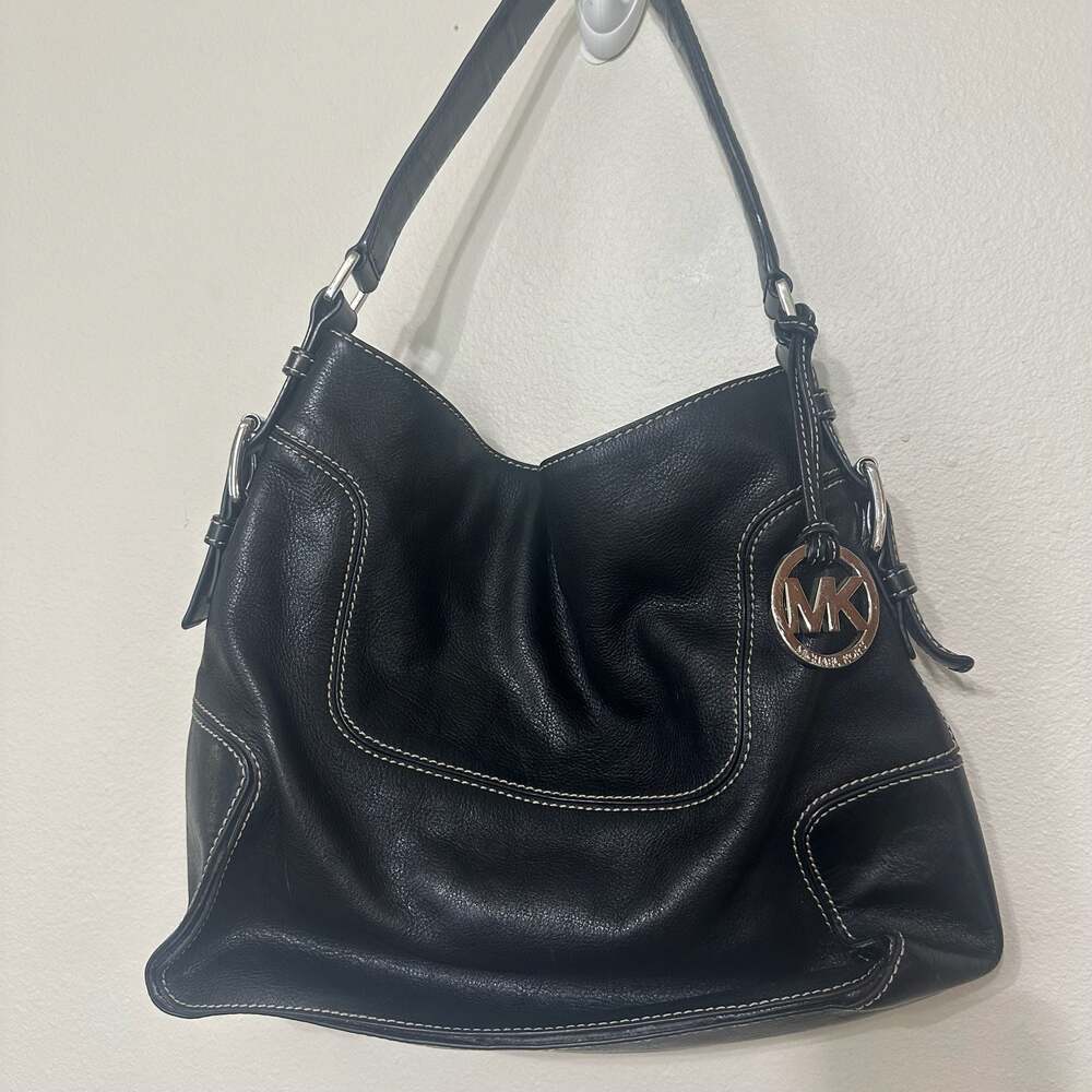 Michael Kors Black Leather Shoulder Bag with MK Charm